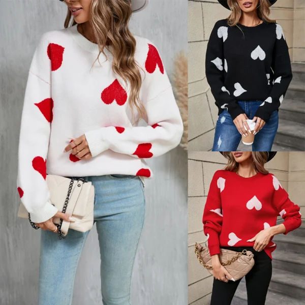 Plus Size Peach Heart Knitted Sweater – Round Neck Pullover
